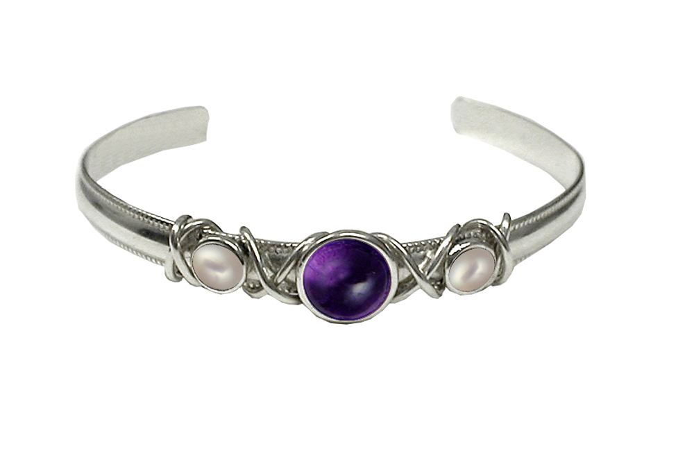 Sterling Silver Hand Made Cuff Bracelet With Amethyst And Cultured Freshwater Pearl